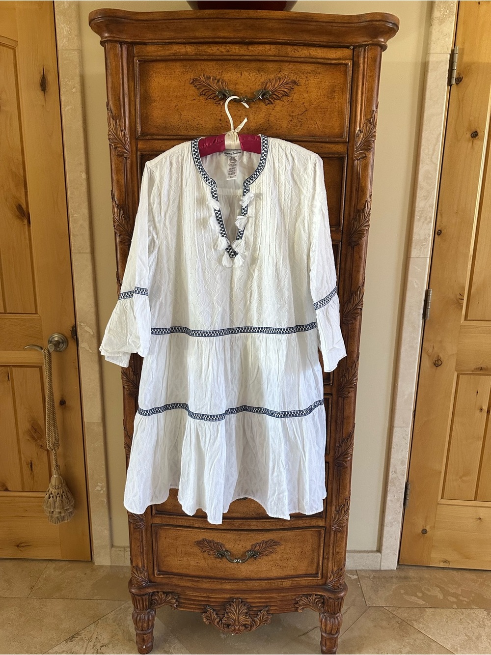 Tommy Bahama White Cotton Tunic with Navy Embroidery